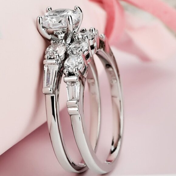 Engagement/Wedding Bright CZ 925 Silver Plated Ring Set for Women, VIP034 - Picture 1 of 6